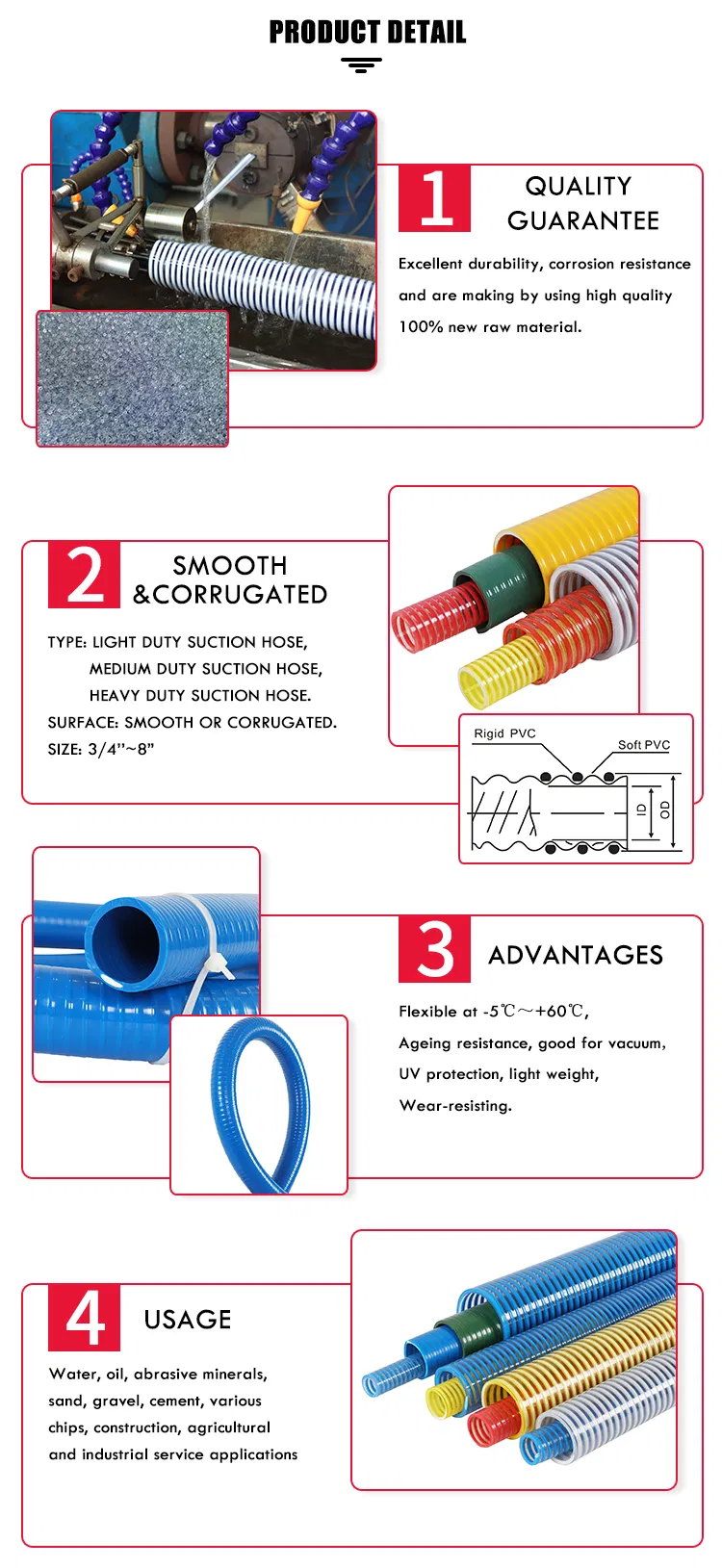 Smooth and Corrugated 1lnch to 8 Inch Flexible PVC Suction Hose Pipe