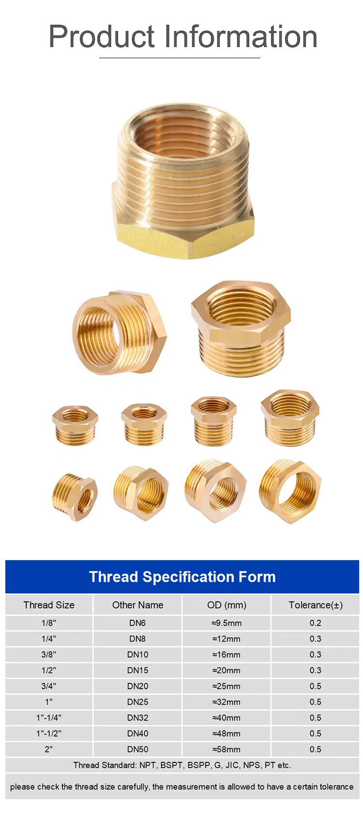 Brass Hose Fitting Hex Reducer M/F 1/8" 1/4" 3/8" 1/2" 3/4" Bsp Male Female Change Coupler Connector Adapter Bushing