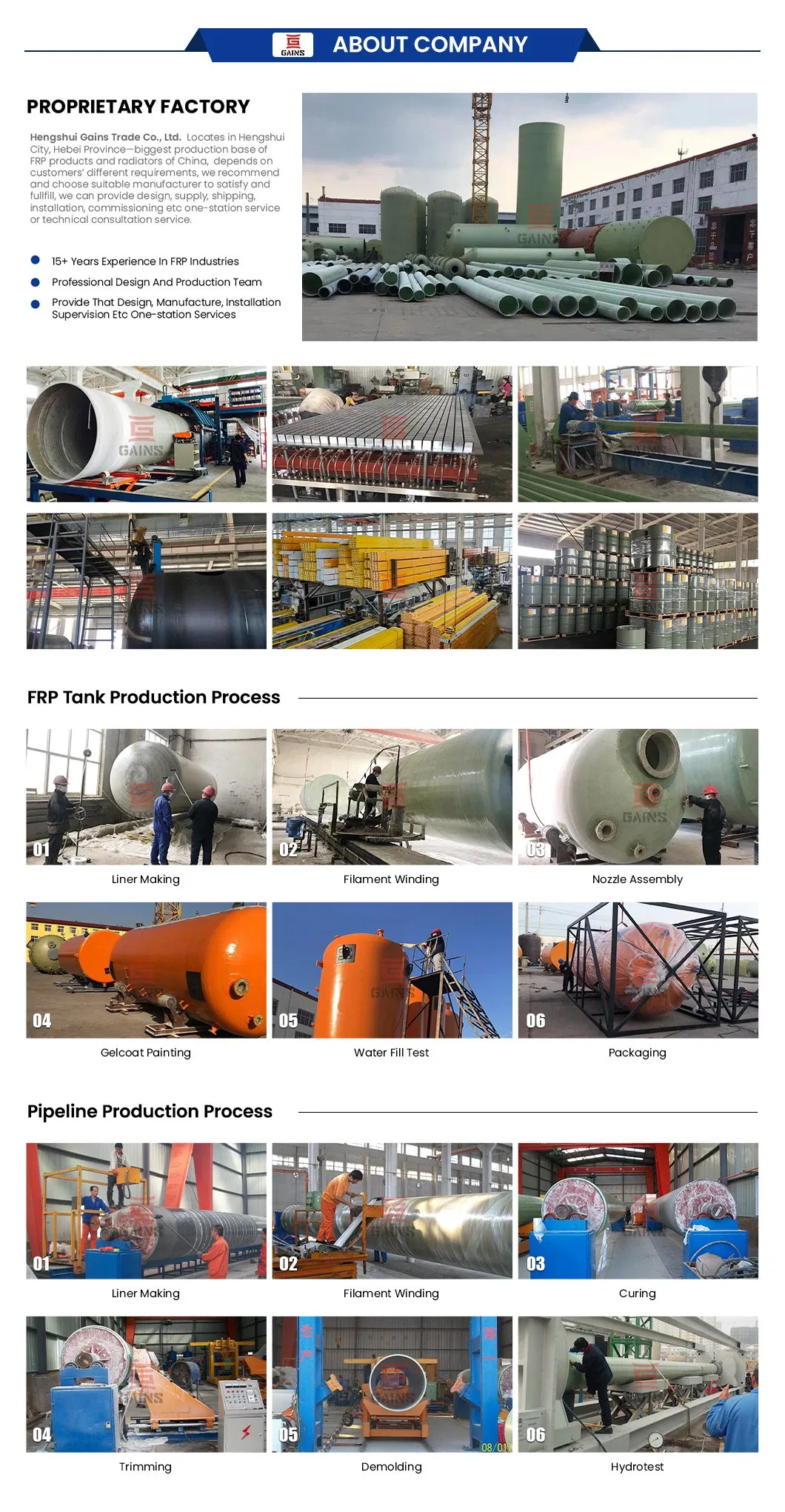 Gains GRP Pipe 450 mm Price Wholesaler PVC FRP Sewerage Pipe China FRP Chemical Pipe