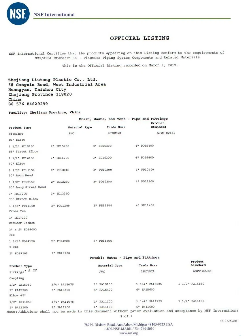 ASTM D1785 Dwv PVC Pipe
