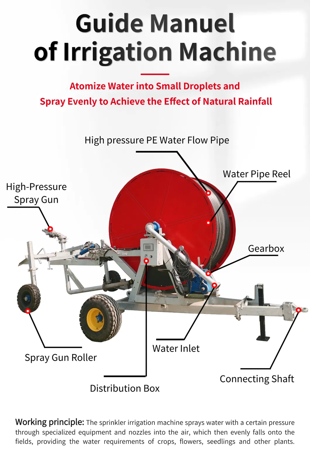 Agricultural Irrigation System Electric Drive Water Turbine Sprinkler Reel Sprinkler Cannon Sprinkler with High Pressure PE Water Flow Pipe