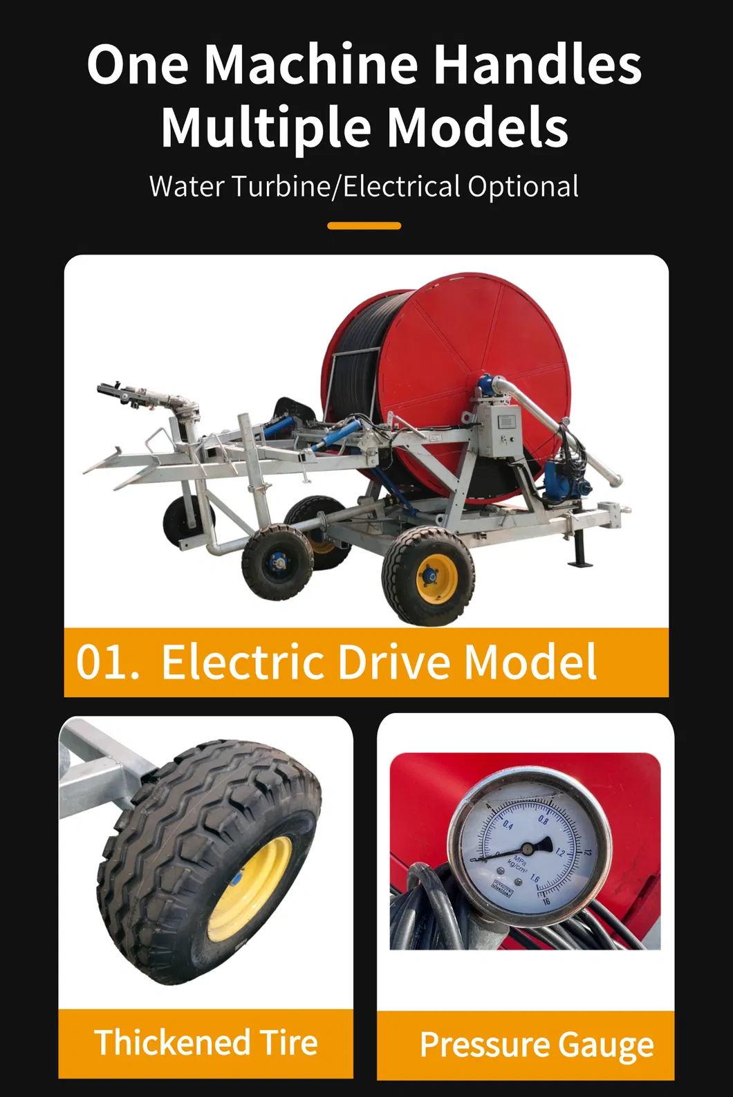 Agricultural Irrigation System Electric Drive Water Turbine Sprinkler Reel Sprinkler Cannon Sprinkler with High Pressure PE Water Flow Pipe