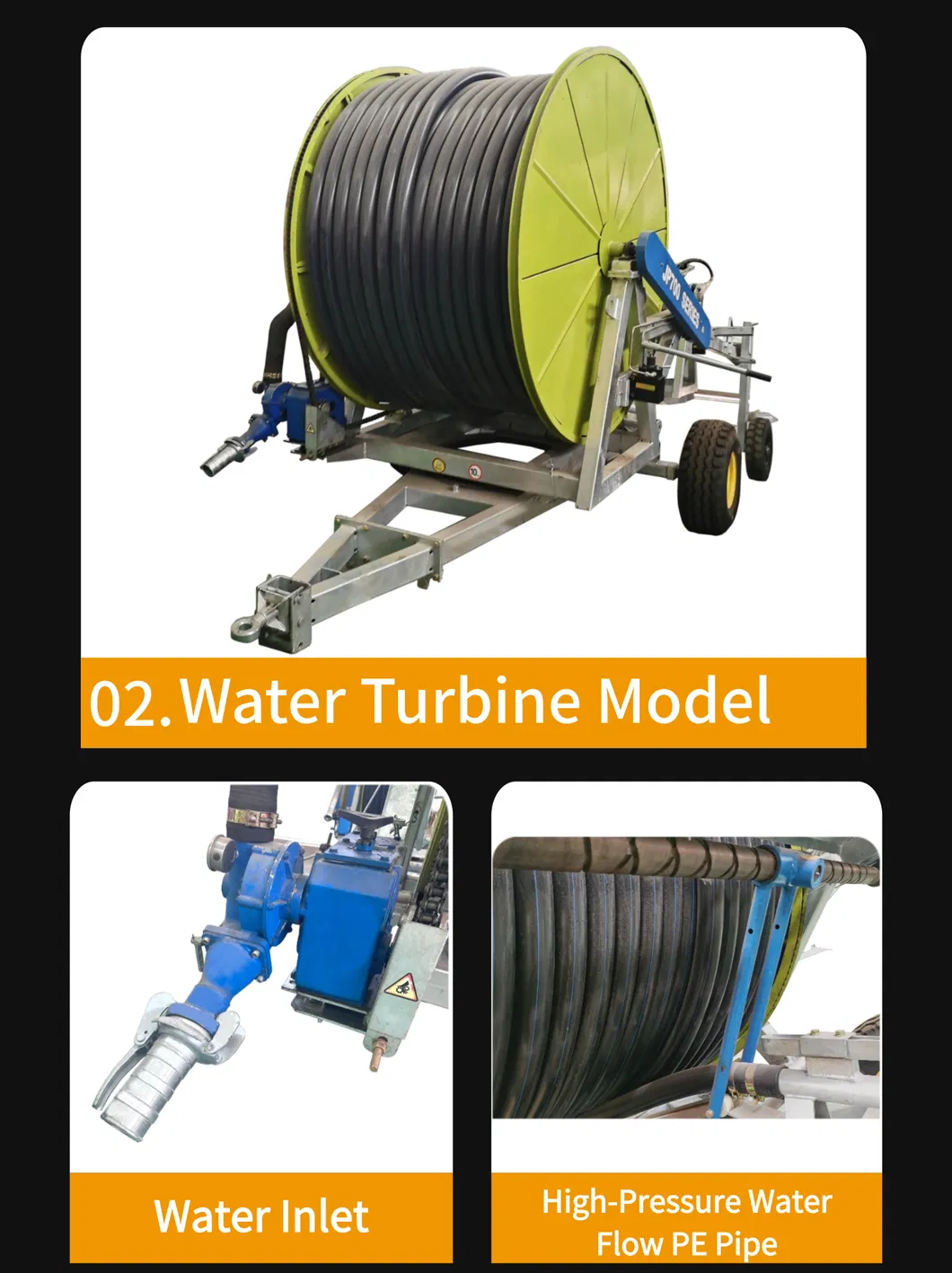 Agricultural Irrigation System Electric Drive Water Turbine Sprinkler Reel Sprinkler Cannon Sprinkler with High Pressure PE Water Flow Pipe