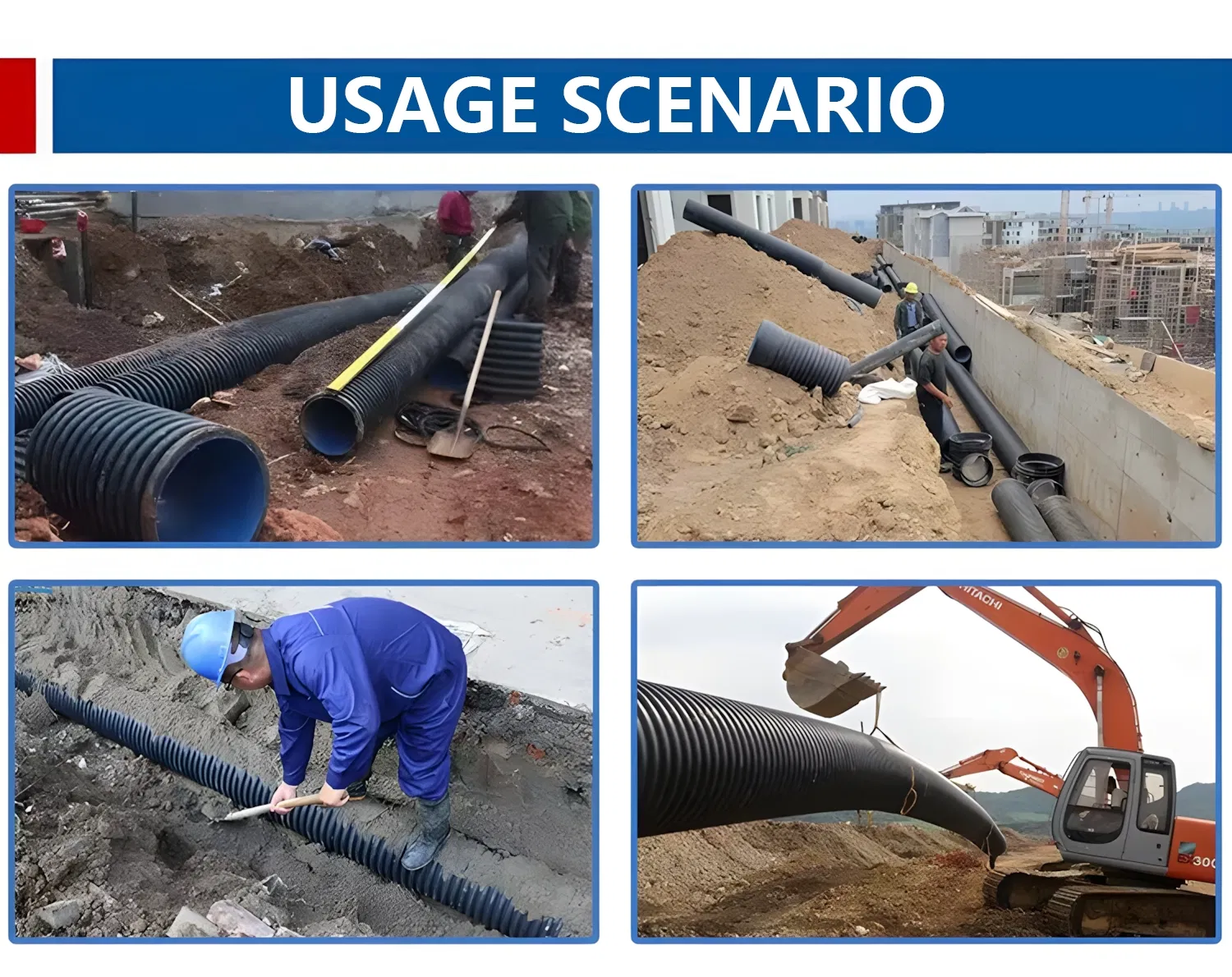 HDPE Black Plastic Drainage Pipes DN400mm Sn8 PE Double Wall Corrugated Pipe and Sewage Pipeline