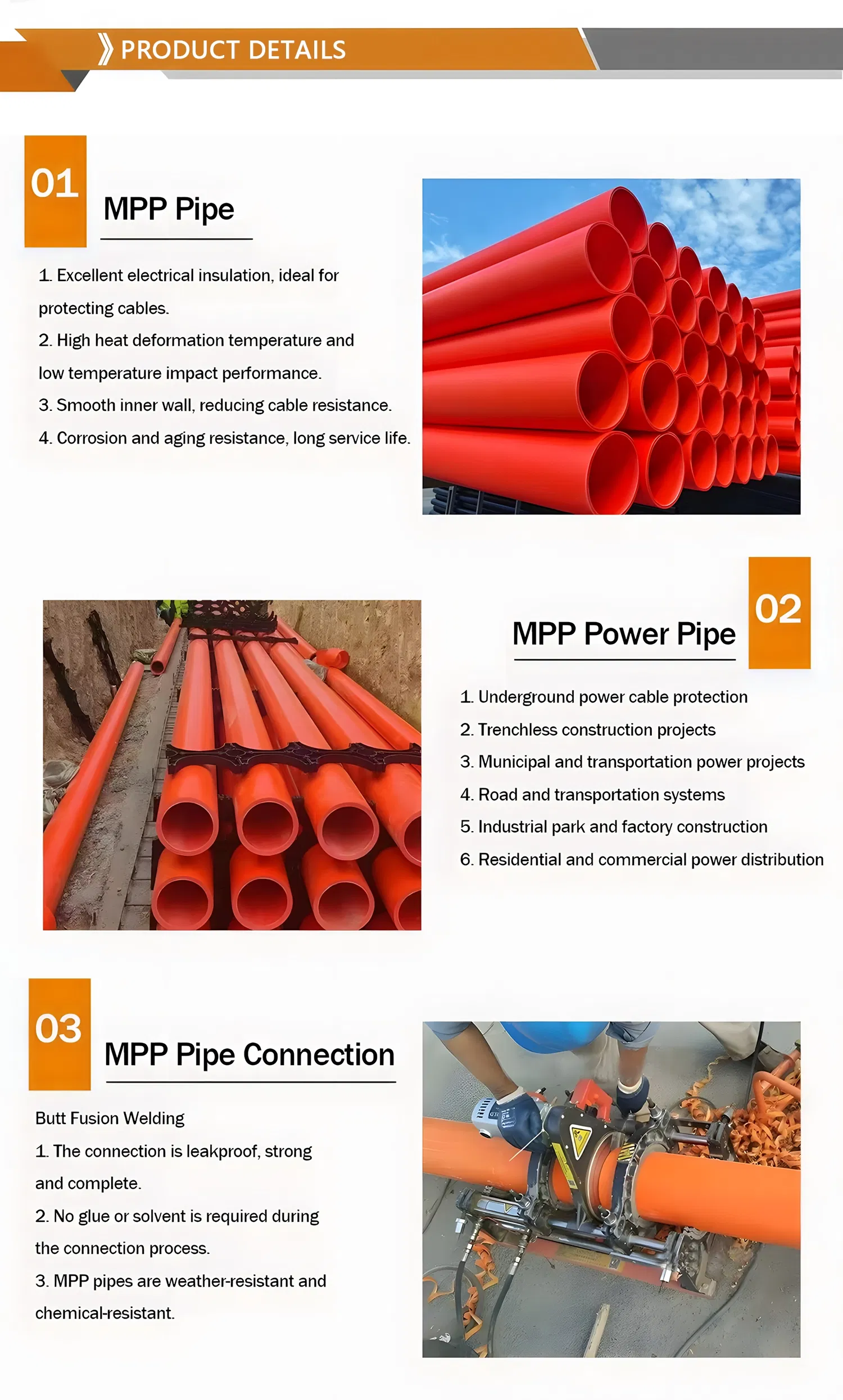 Chinese Manufacturer's Protection Mpp Power Communication Pipe / Wire Conduit Plastic Mpp Pipe