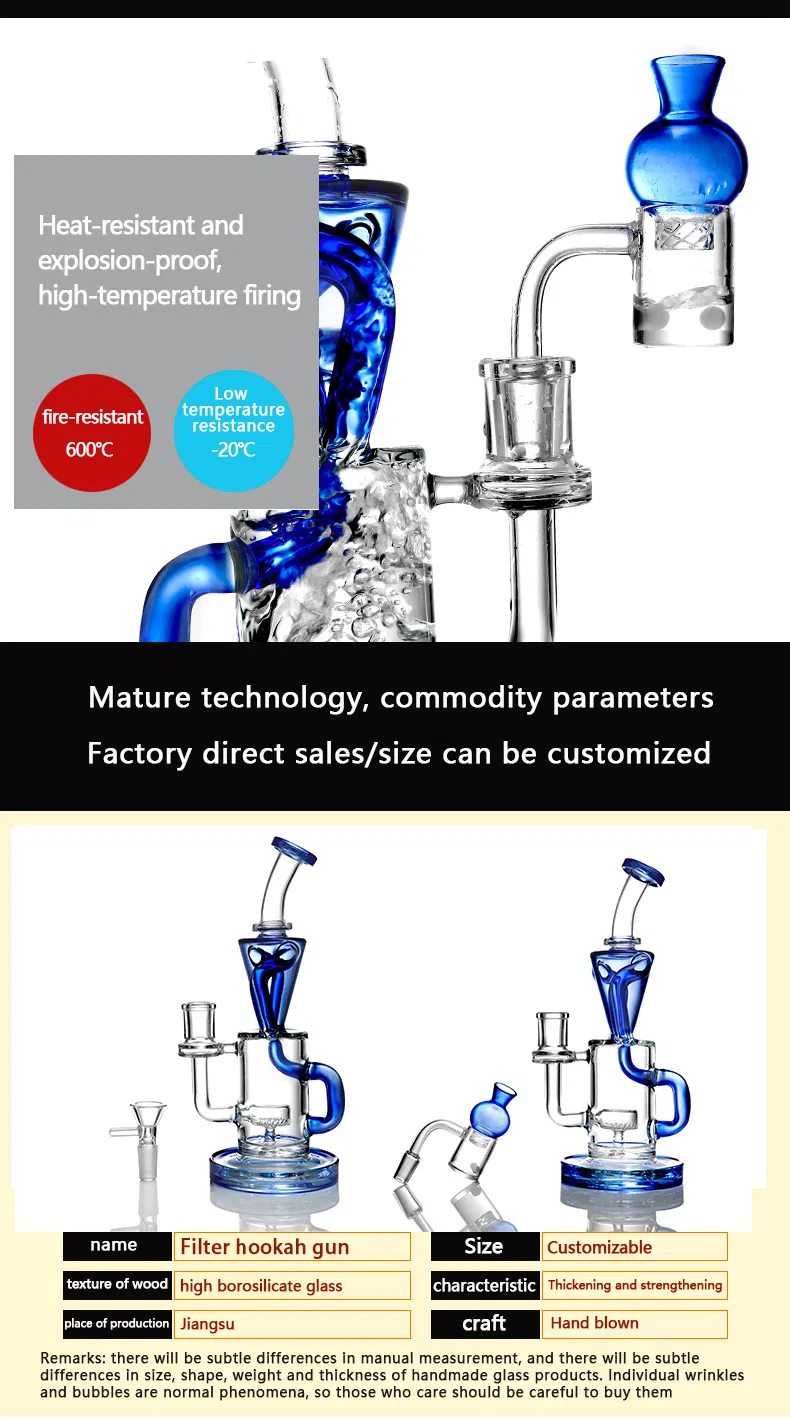 High-Temperature Glass Hookah Shisha Transparent Blue Arms Around and Cylindrical Porous Bubbler Glass Smoking Water Pipe