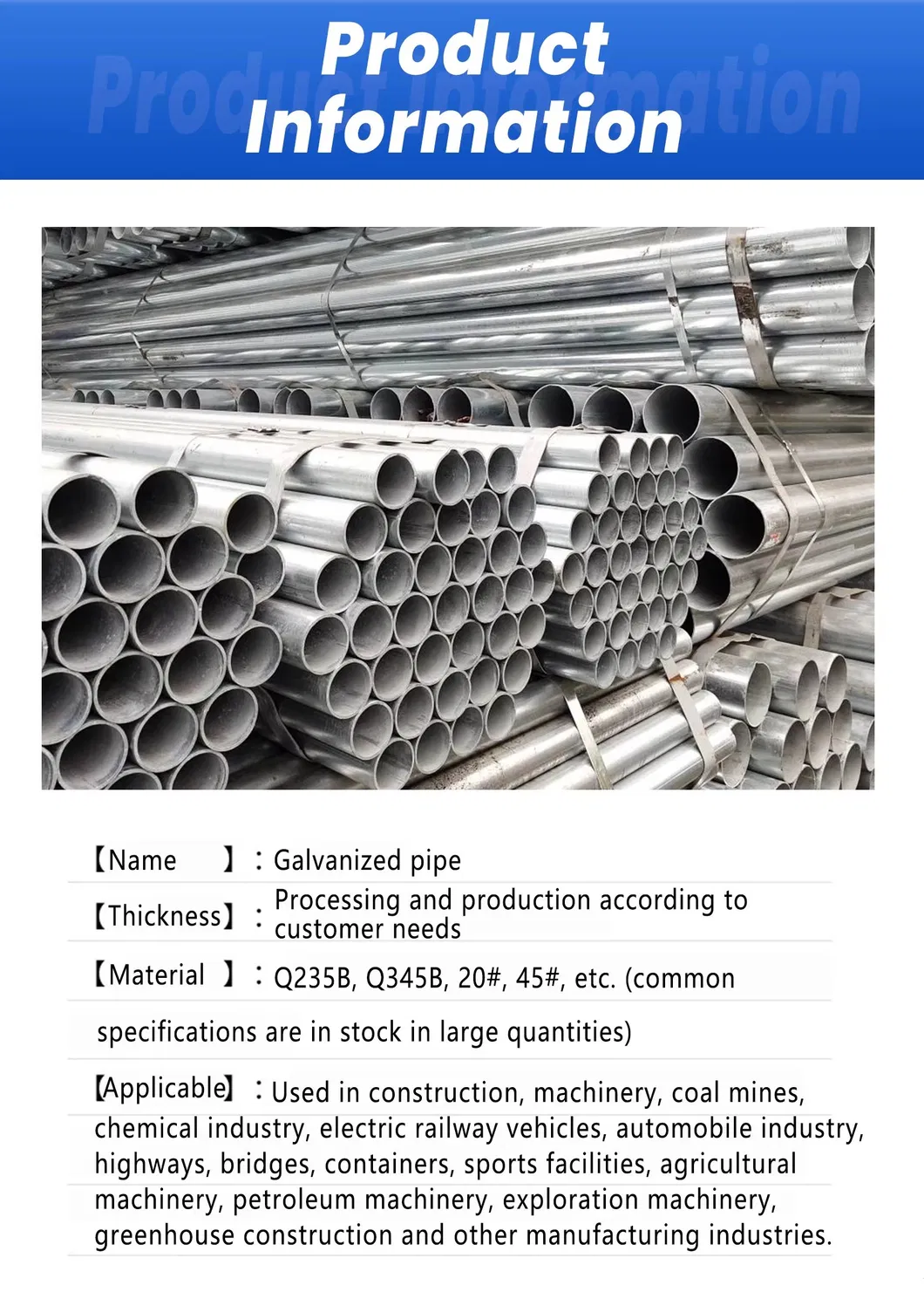 Hot-Dipped Galvanized Steel Pipe ASTM A53 Gr. B Sch40 6m Length for Oil Drill Pipelines Bending/Cutting/Welding