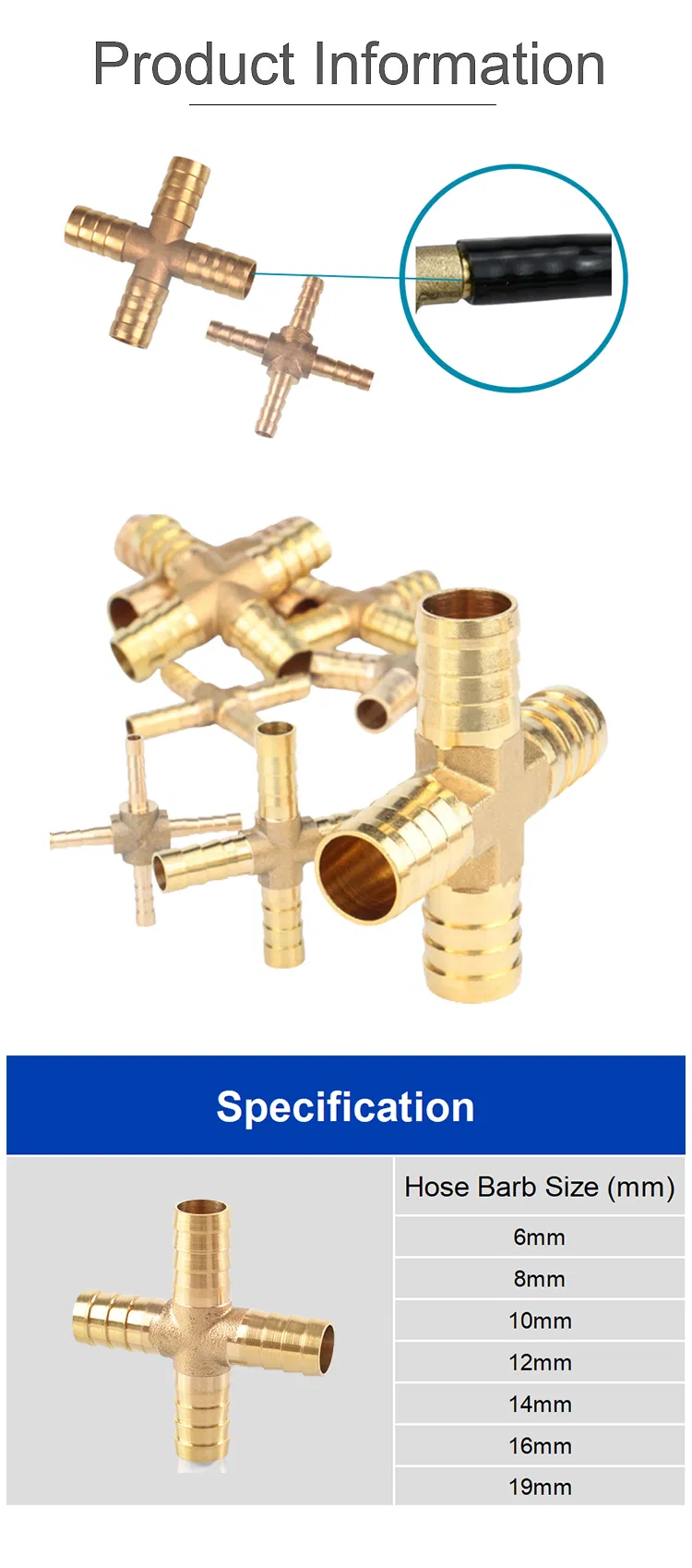 Pneumatic Hydraulic Brass Female Male Straight Cross Elbow X Y T Shape Pipe Adapter Hose Barb Fitting