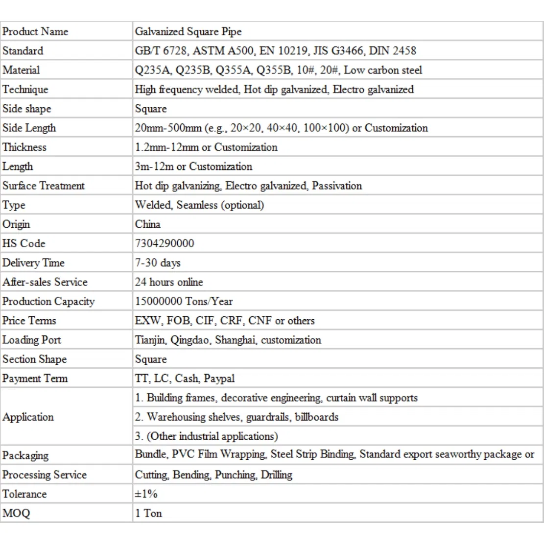 Hot Dipped Galvanized Square Pipe with Long Lasting Anti Rust Effect
