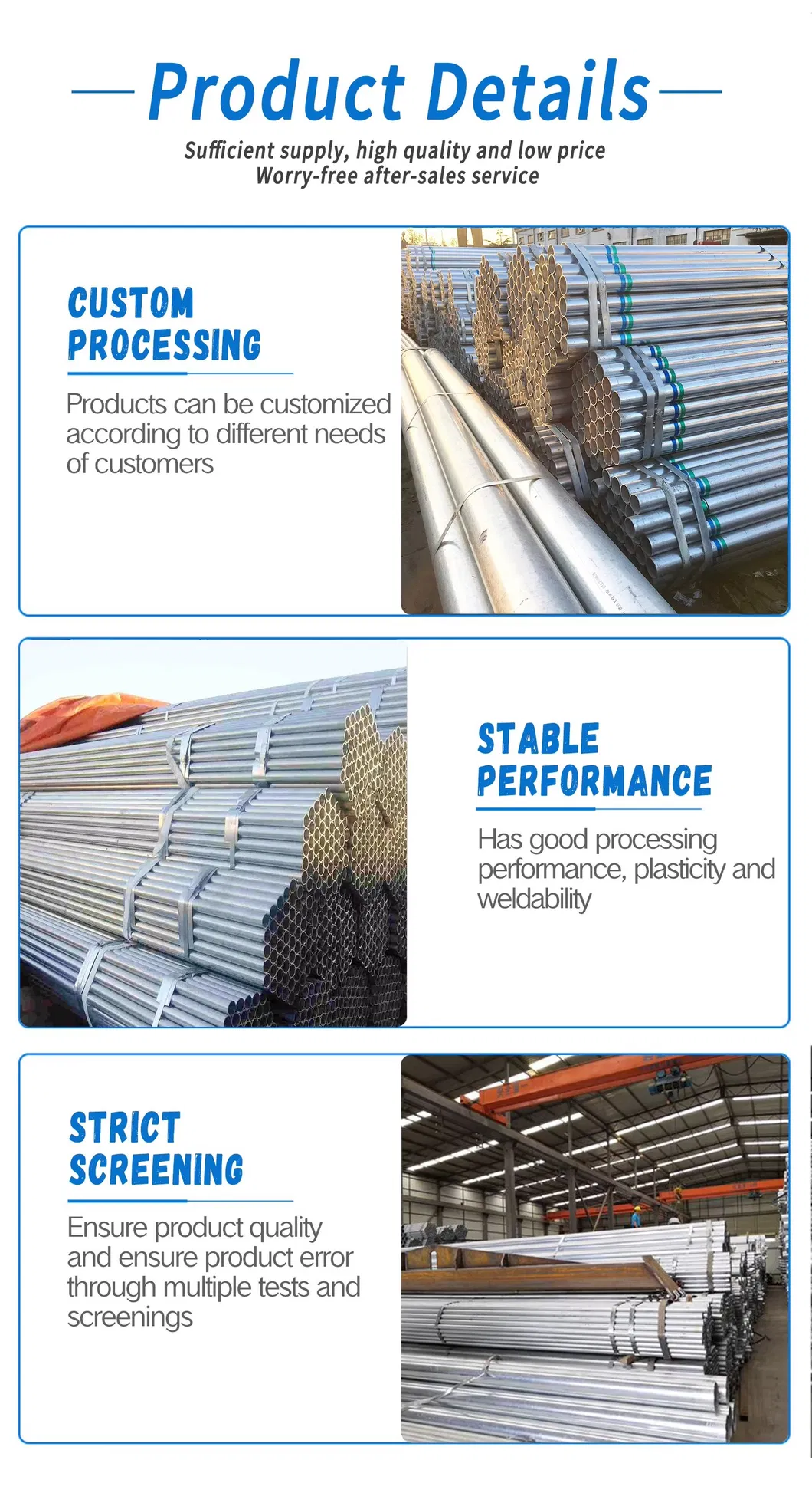 Hot-Dipped Galvanized Steel Pipe ASTM A53 Gr. B Sch40 6m Length for Oil Drill Pipelines Bending/Cutting/Welding