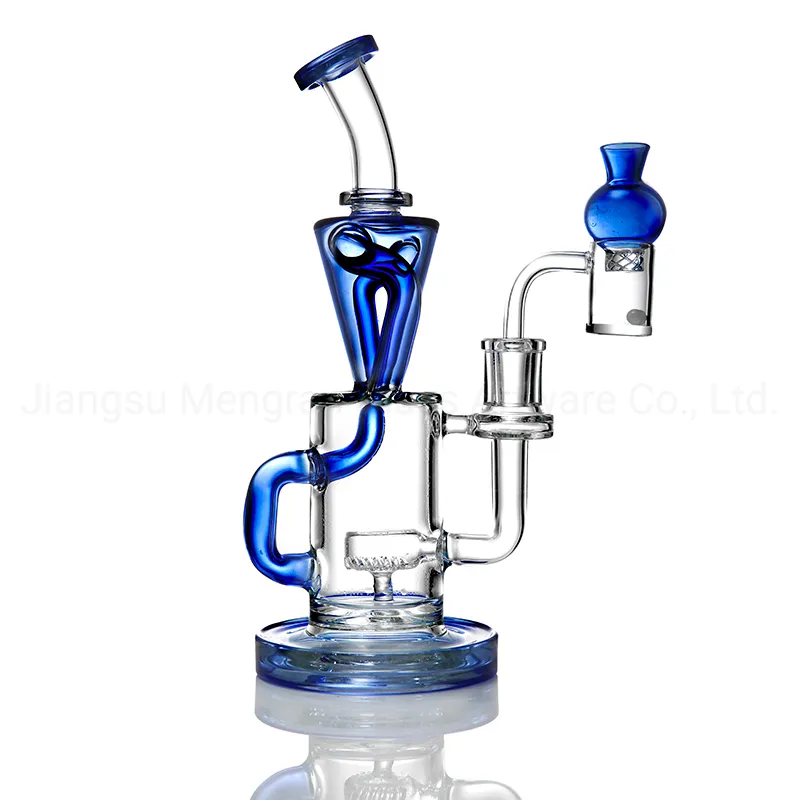 Phoenix Transparent Blue Arms Around and Cylindrical Porous Bubbler Recycle Glass Water Pipe