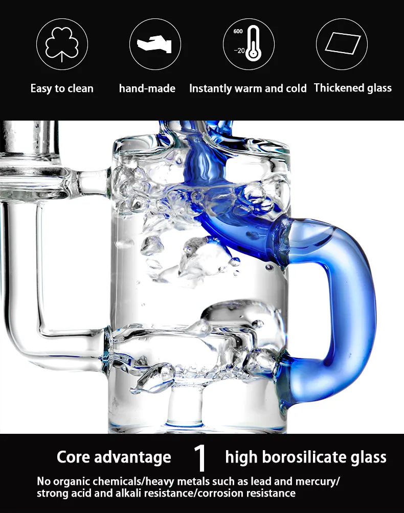 Special Recycler High-Temperature Glass Hookah Shisha Transparent Blue Arms Around and Cylindrical Porous Bubbler Glass Water Pipe