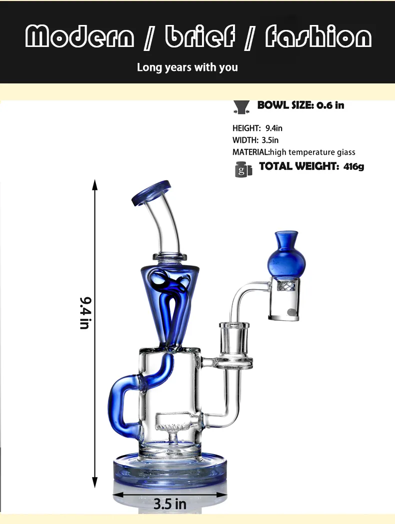 Special Recycler High-Temperature Glass Hookah Shisha Transparent Blue Arms Around and Cylindrical Porous Bubbler Glass Water Pipe