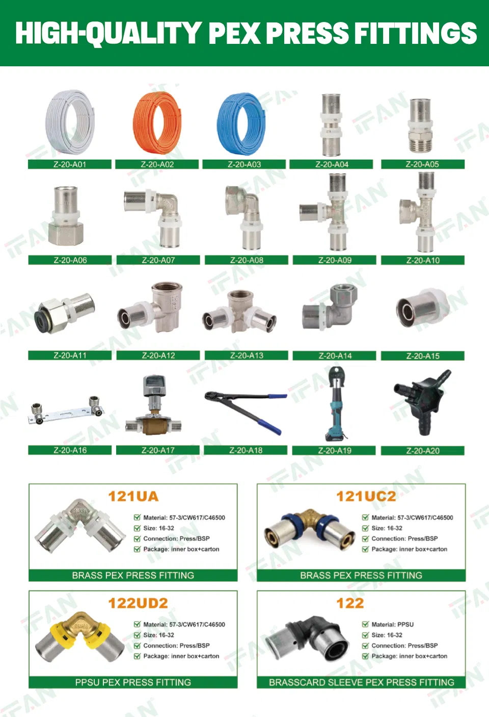 Ifan Factory Produces 16-32mm Brass Pex Fittings Socket Elbow Tee Connector Pex Pipe Press Fittings