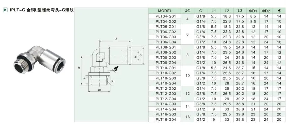 Pl G1/8" 1*/4" 3/8' 1/2" Thread 90 Degree Air Elbow Push in Brass Fittings