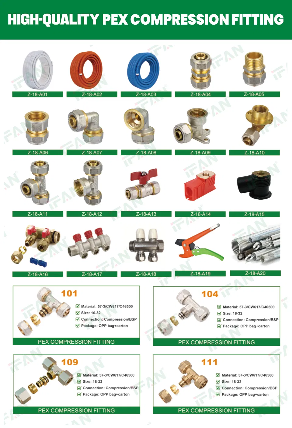 Ifan Low MOQ Hot Sales Brass Compression Fittings Tee Elbow Pex Pipe Water Connector 16-32mm Pex Fitting