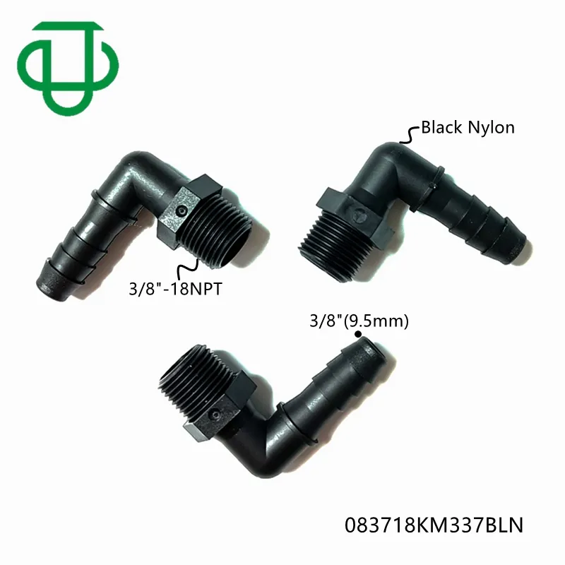 Ju Black Nylon 3/8" Male NPT Thread to 3/8 Inch Elbow Barb 9.5mm Barbed 90 Degree Elbow Bend An Ju Black Nylon 3/8" Male NPT Thread to 3/8 Inch Elbow Barb 9.5mm Barbed 90 Degree Elbow Bend An