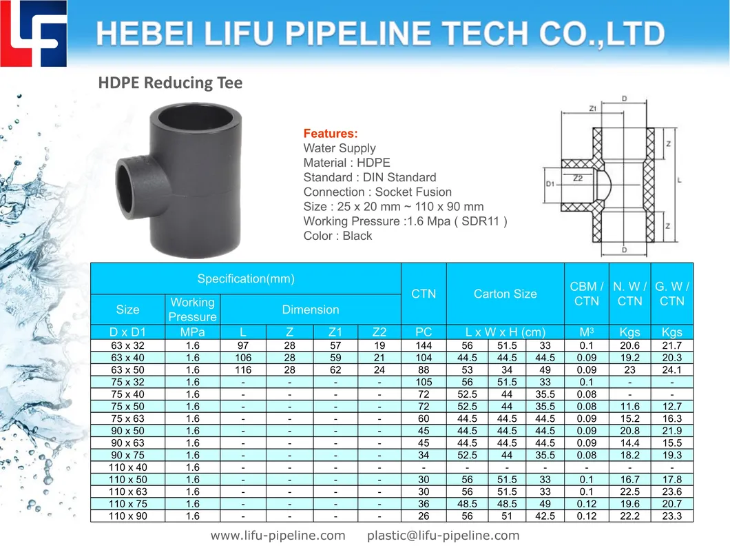High Quality DIN Standard SDR11 Plastic Plumbing Pipe Fitting PE Pipe and Fittings HDPE Tee Pipe Fitting PE Socket Fusion Pipe Fitting for Water Supply