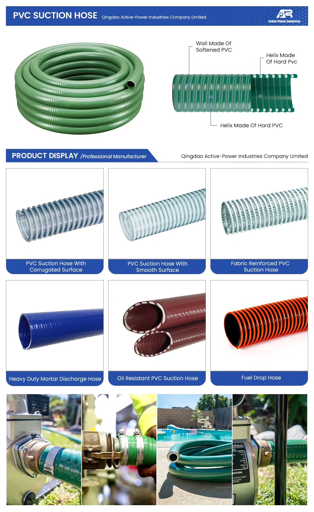 Active-Power Industries Rigid Suction Hose Distributor China a-Type Anti-Static PVC Transparent Steel Wire Spiral Reinforced Hose Suction Pipe