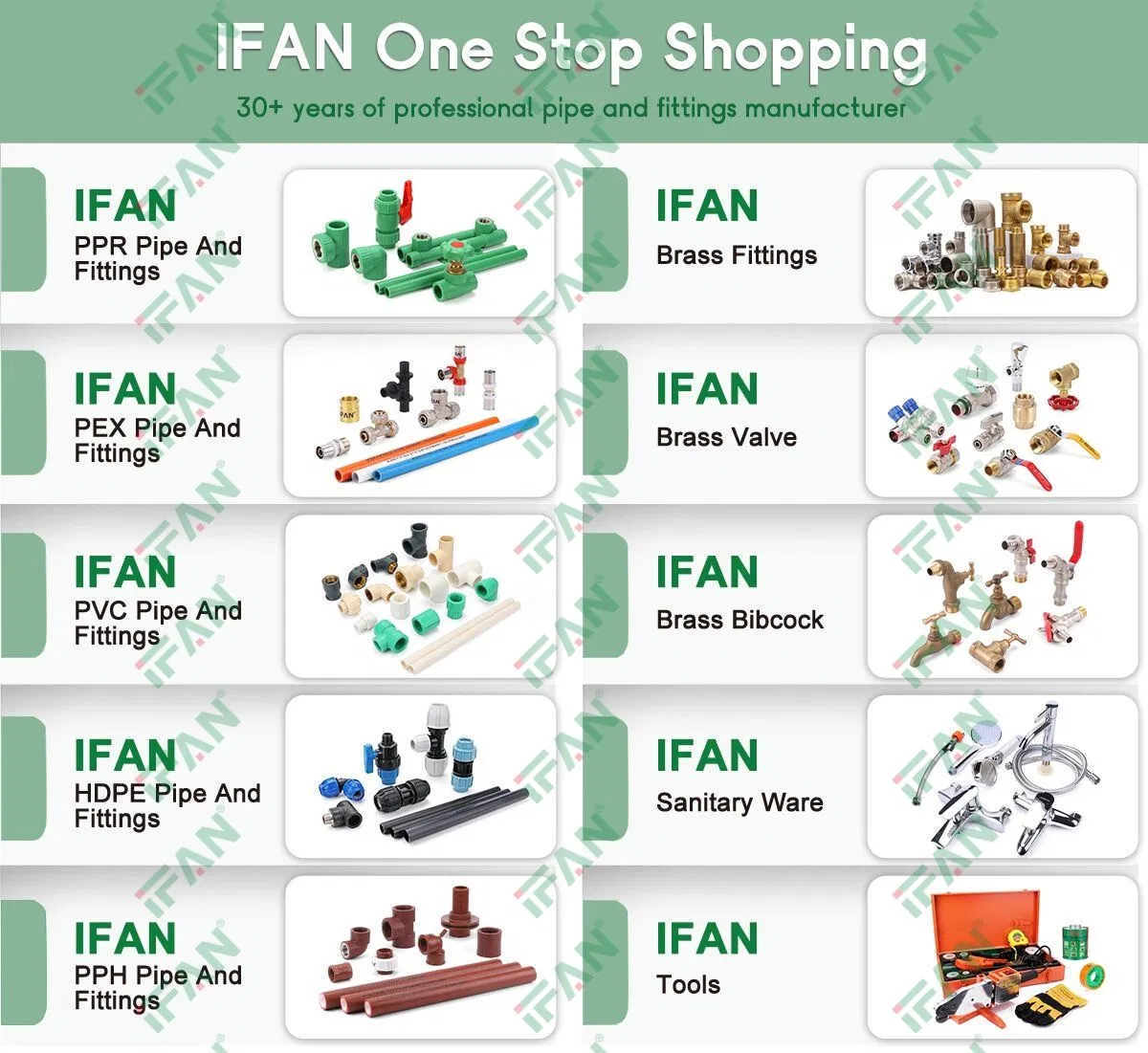 Ifan Professional Supply ISO 15874 PPR Pipe Fitting 20-125mm Plastic PPR Fittings Factory OEM Plumbing Materials